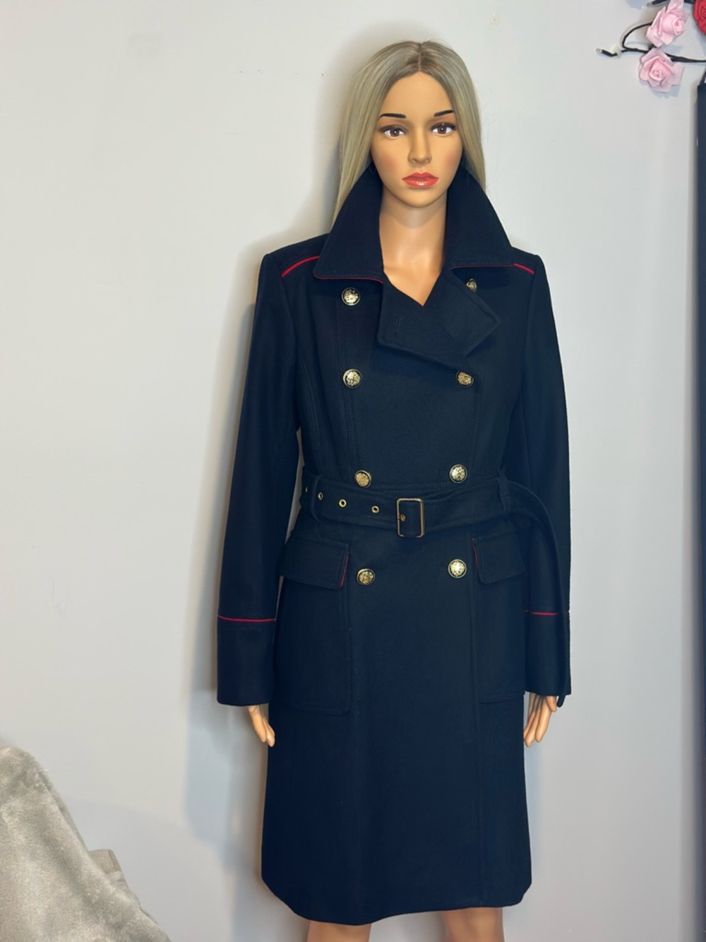Vince Camuto Wool Navy Double-Breasted Trench Coat with Red Trim Sz S like new - Picture 4 of 12